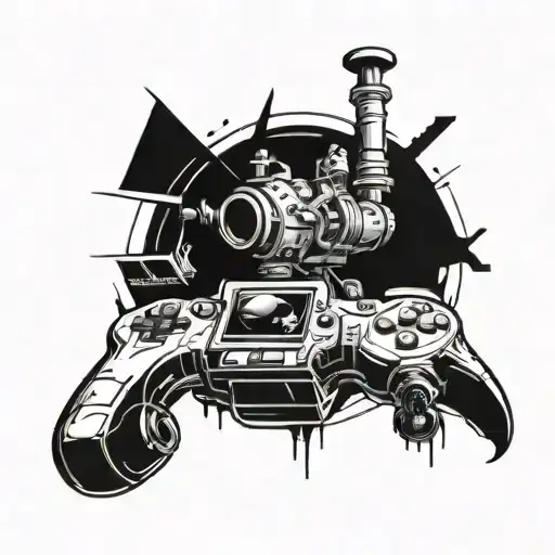 A tattoo design combining elements from popular games and comics in a futuristic oil and gas theme tattoo design idea