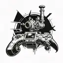 A tattoo design combining elements from popular games and comics in a futuristic oil and gas theme tattoo design idea