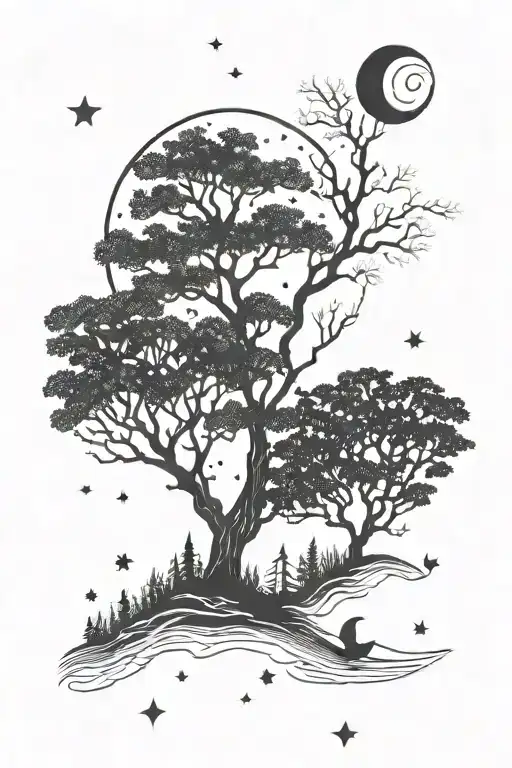 trees river birds night stars moon tattoo design idea