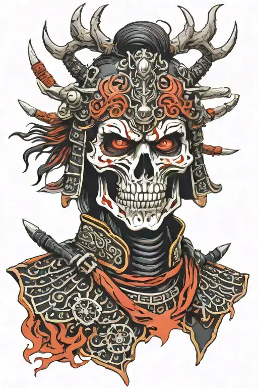skull face samurai with red and black armour and flame eyes  tattoo design idea