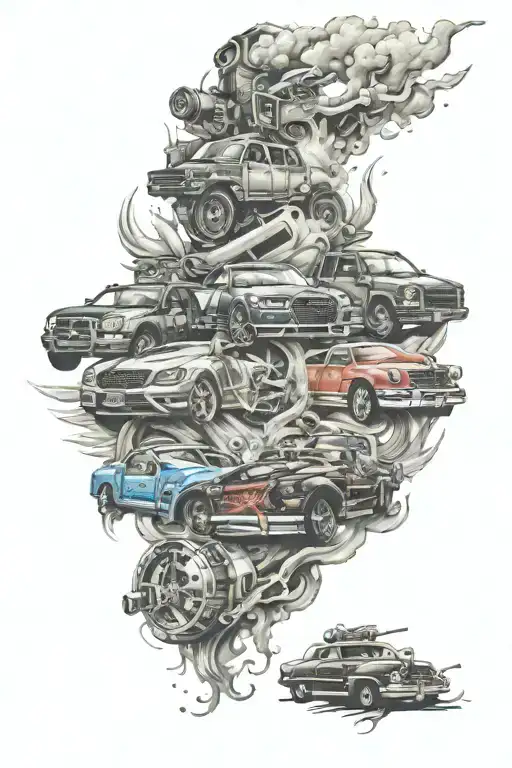 automotive casino and firefighting collage tattoo design idea