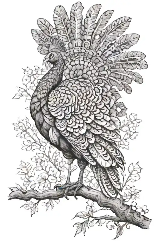 A majestic turkey in a forest setting, with intricate details in its feathers and surroundings tattoo design idea