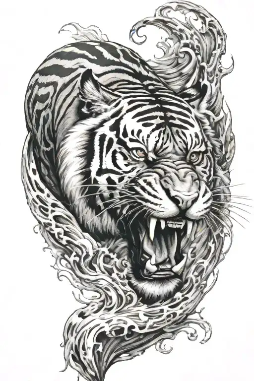 male aquarius and fire tiger roaring tattoo design idea