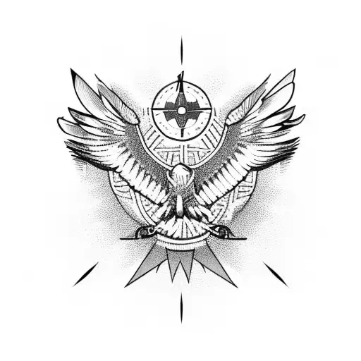 flying eagle with compass tattoo design idea