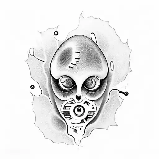 A surreal tattoo design combining an eye, brain, and ghost in a mysterious and thought-provoking composition tattoo design idea