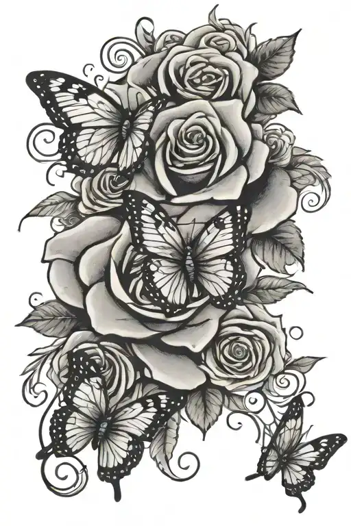 Rose with two butterflies and the initial J and I cursive with hearts tattoo design idea