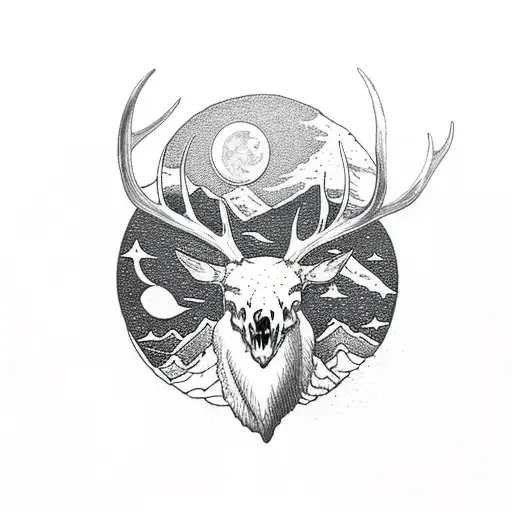 Elk skull with mountains and moon within the antlers tattoo design idea