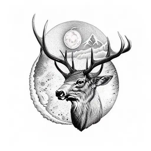 elk skull with mountains and moon within the antlers tattoo design idea