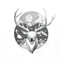 Elk skull with mountains and moon within the antlers tattoo design idea