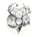 Elk skull with mountains and moon within the antlers tattoo design idea