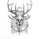 Elk skull with mountains and moon within the antlers tattoo design idea