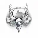 Elk skull with mountains and moon within the antlers tattoo design idea