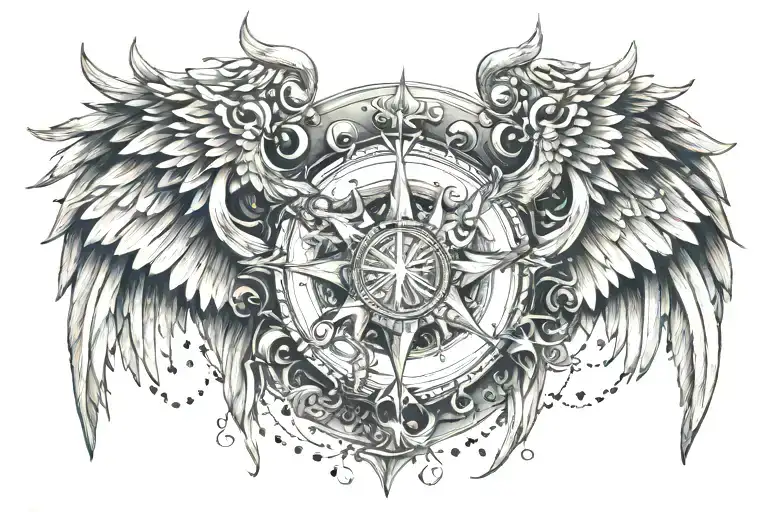 celestial-themed tattoo intertwining sun, moon, stars, and constellations, adorned with guardian angel wings, shield tattoo design idea