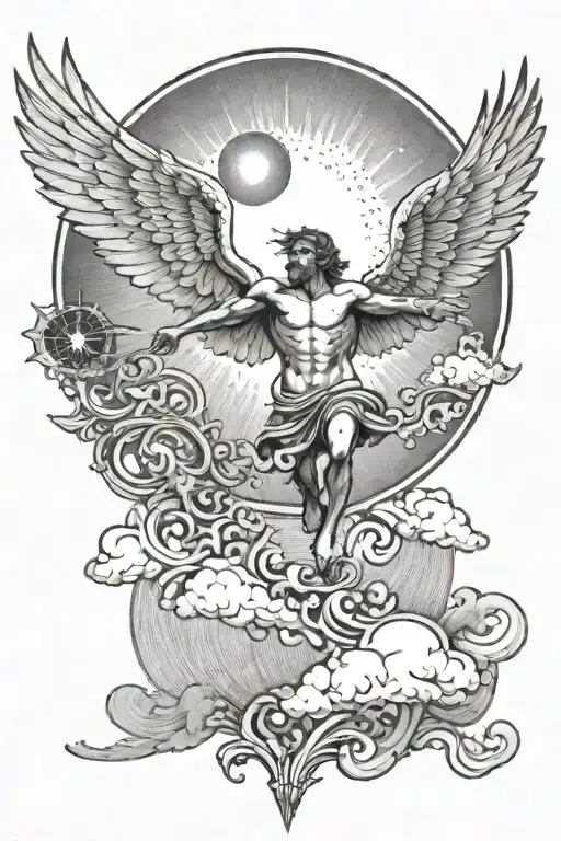 A tattoo of Icarus flying towards Mount Olympus, with intricate dotwork details depicting the sun and clouds tattoo design idea