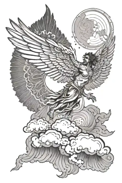 A tattoo of Icarus flying towards Mount Olympus, with intricate dotwork details depicting the sun and clouds tattoo design idea