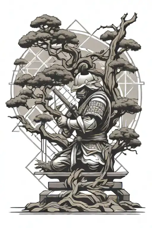 bonsai tree and samurai warrior tattoo design idea