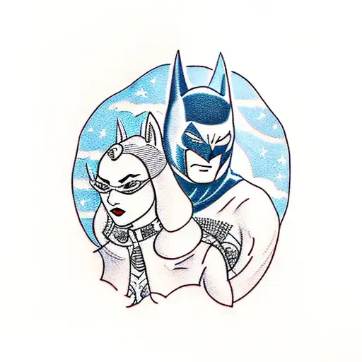 A traditional-style tattoo featuring Batman and Catwoman dressed in classic attire, sitting on a rooftop and stargazing tattoo design idea