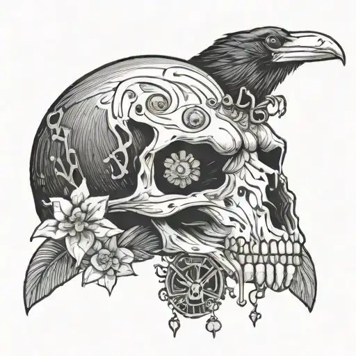 raven skull with mushroom and crystals  tattoo design idea