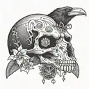 raven skull with mushroom and crystals  tattoo design idea