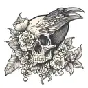 raven skull with mushroom and crystals  tattoo design idea