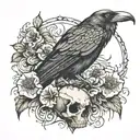 raven skull with mushroom and crystals  tattoo design idea