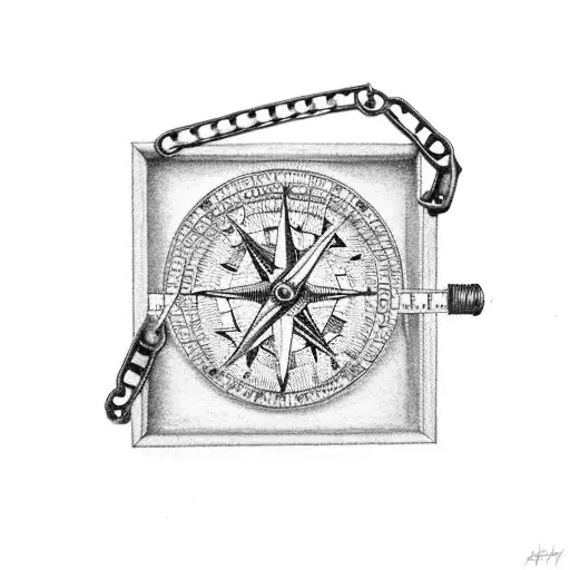 weight scales with chains on floor, a compass, a quill and scroll, and Knots and Weaving. Should fit in a rectangle area tattoo design idea