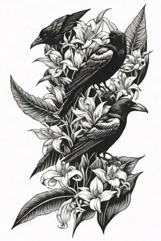 crow, philodendron leaves, tulips and lilliums  tattoo design idea