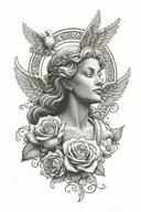a forearm tattoo with an angel praying with clouds surrounding the angel, an a rose underneath the angel. tattoo design idea
