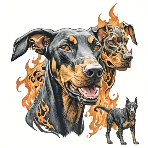 A Doberman with three heads resembling a Cerberus, surrounded by flames and skulls tattoo design idea