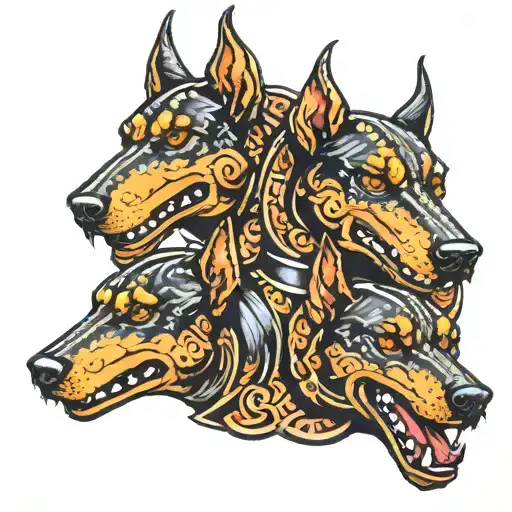 a three headed hellhound doberman tattoo design idea