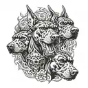 A Doberman with three heads resembling a Cerberus, surrounded by flames and skulls tattoo design idea
