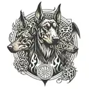 A Doberman with three heads resembling a Cerberus, surrounded by flames and skulls tattoo design idea