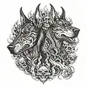 A Doberman with three heads resembling a Cerberus, surrounded by flames and skulls tattoo design idea