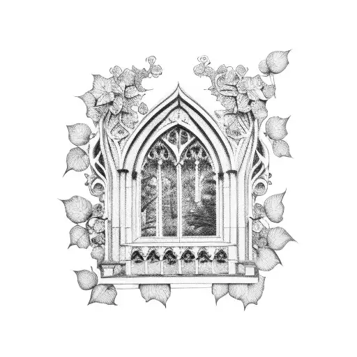 gothic window with ivy and flowers tattoo dot work black and white sketched tattoo design idea