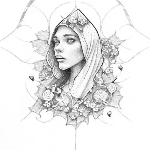 Medieval window with ivy and flowers tattoo dot work black and white sketched tattoo design idea