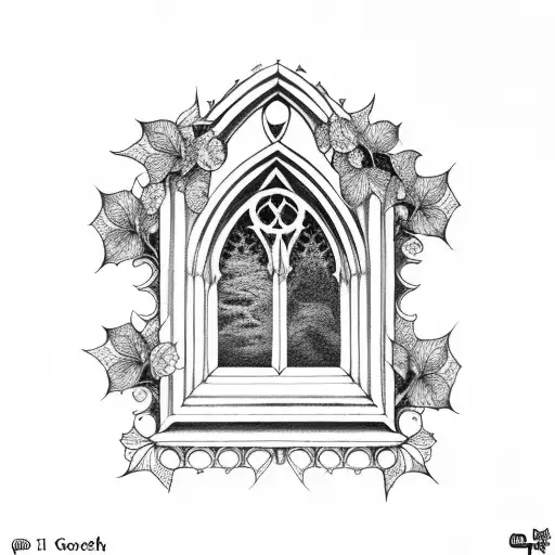 gothic window with ivy and flowers tattoo dot work black and white sketched tattoo design idea