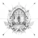 gothic window with overgrown flowers tattoo design idea
