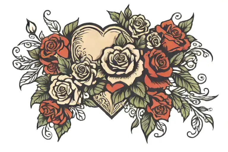 maioncoon and rose and heart and flower bouquet tattoo design idea