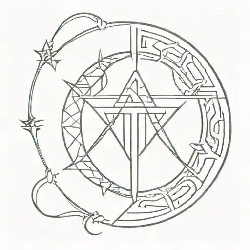 A minimalist tattoo design featuring the iconic medallion from the Witcher series intertwined with BDSM elements tattoo design idea