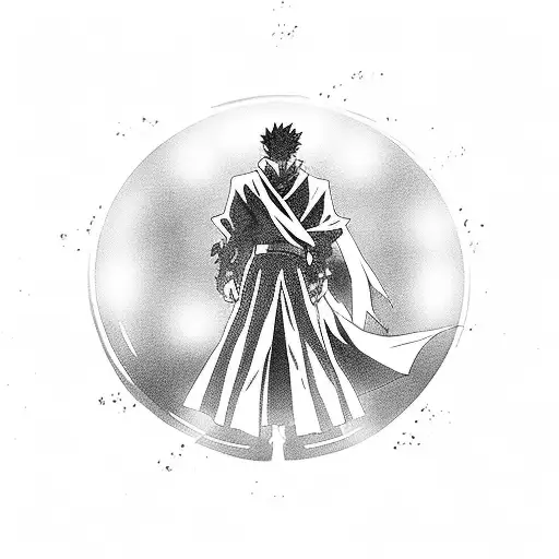 A silhouette of a powerful anime character from Solo Leveling surrounded by shadows tattoo design idea