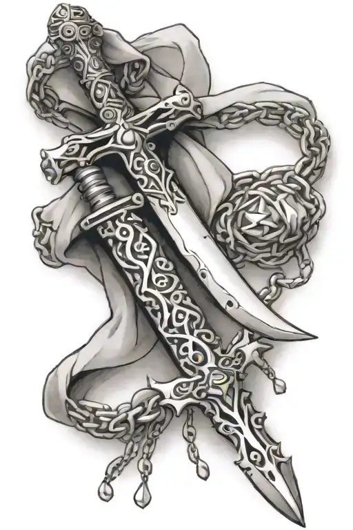 templar sword and rosary wrapped tattoo design idea