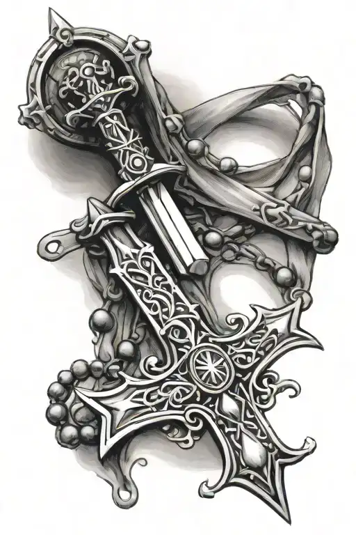 templar sword and rosary wrapped tattoo design idea