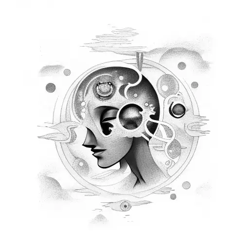 A tattoo that represents a mind full of thoughts, residing in a moon world, with abstract human forms and cloud motifs tattoo design idea