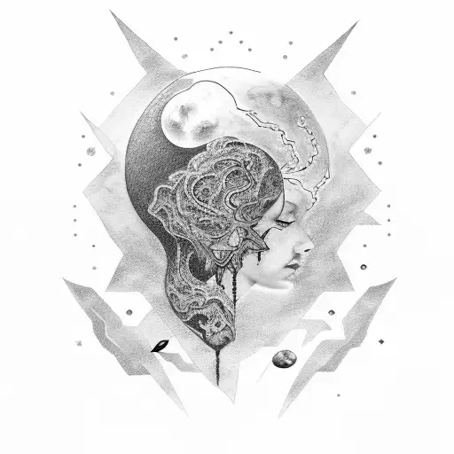 A tattoo that represents a mind full of thoughts, residing in a moon world, with abstract human forms and cloud motifs tattoo design idea
