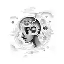 A tattoo that represents a mind full of thoughts, residing in a moon world, with abstract human forms and cloud motifs tattoo design idea