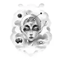 A tattoo that represents a mind full of thoughts, residing in a moon world, with abstract human forms and cloud motifs tattoo design idea