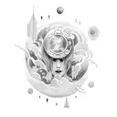 A tattoo that represents a mind full of thoughts, residing in a moon world, with abstract human forms and cloud motifs tattoo design idea
