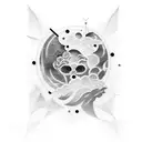 A tattoo that represents a mind full of thoughts, residing in a moon world, with abstract human forms and cloud motifs tattoo design idea