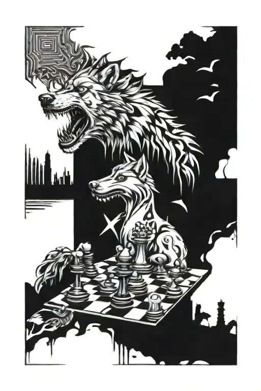 A chess board with no pieces from a up-shot position. One side of the board a lone wolf and the other is jungle animals tattoo design idea