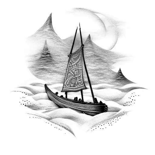 Depict a scenic landscape from Vinland Saga, such as a beautiful forest or a Viking ship sailing across the sea, with th tattoo design idea